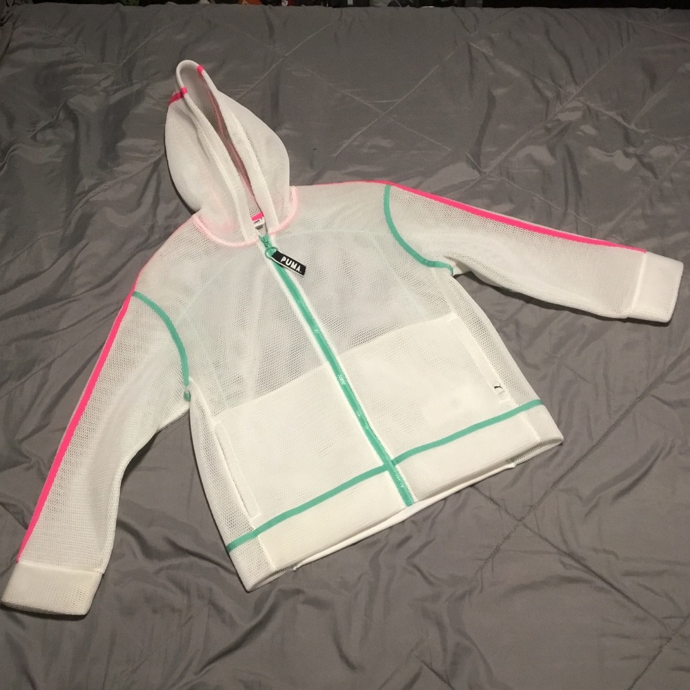 Puma White Mesh Hooded Zip Jacket with Pink and Mint Accents